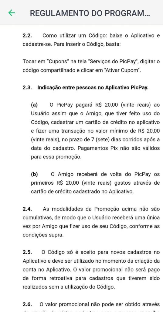 Tela do aplicativo PicPay com informações do programa de indicação